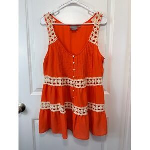 Vanessa Virginia Anthropologie Orange Crochet Lace Pintuck Tiered Boho Tank Top